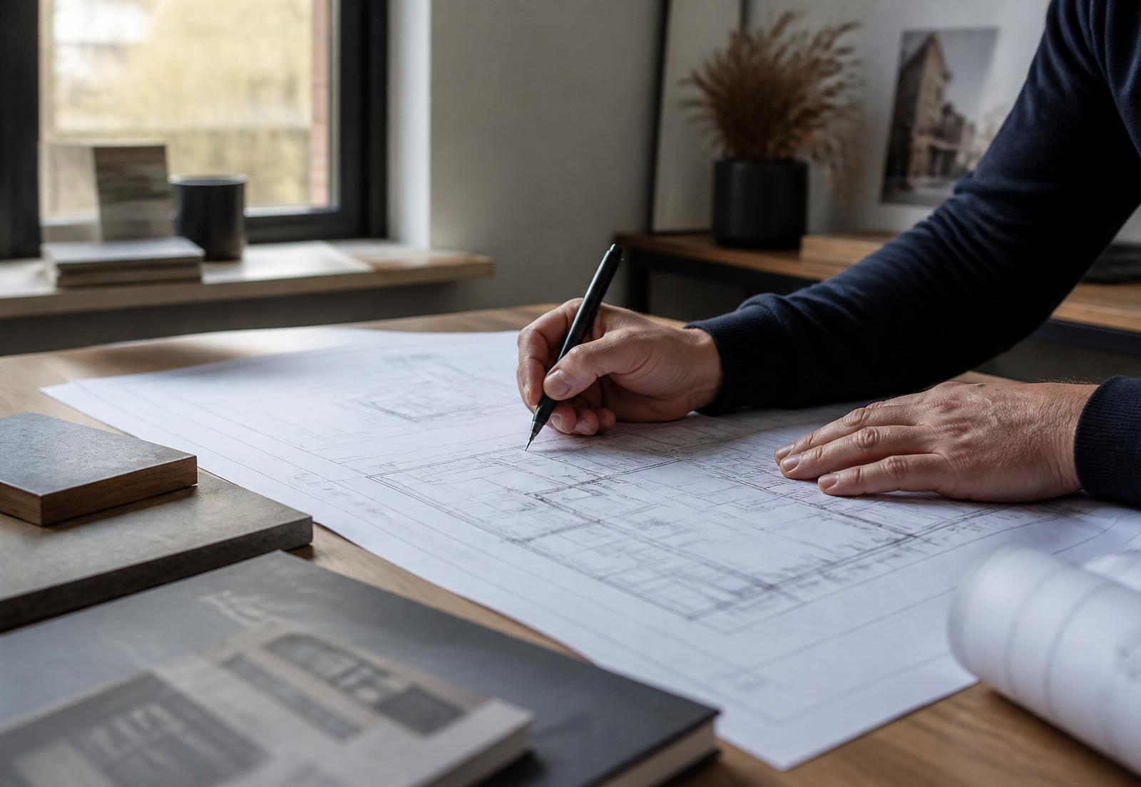 Architect aan het werk aan technische tekeningen