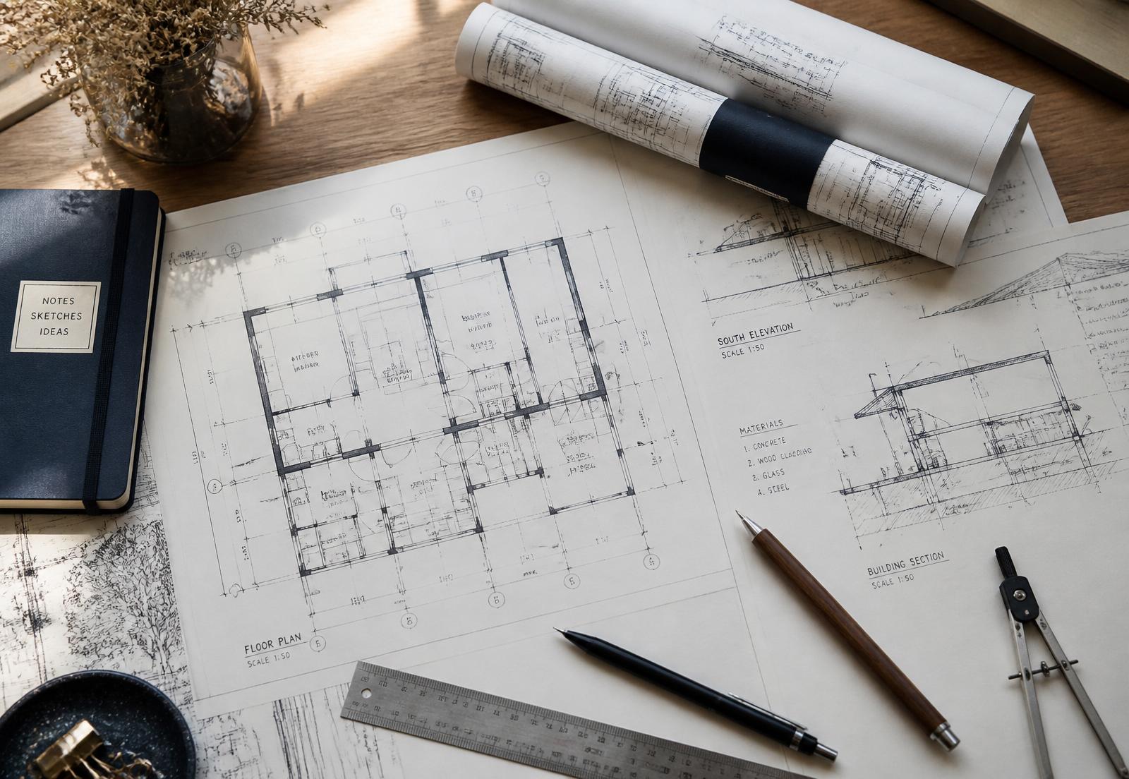 Bouwtekeningen en architectuurplannen op een werktafel