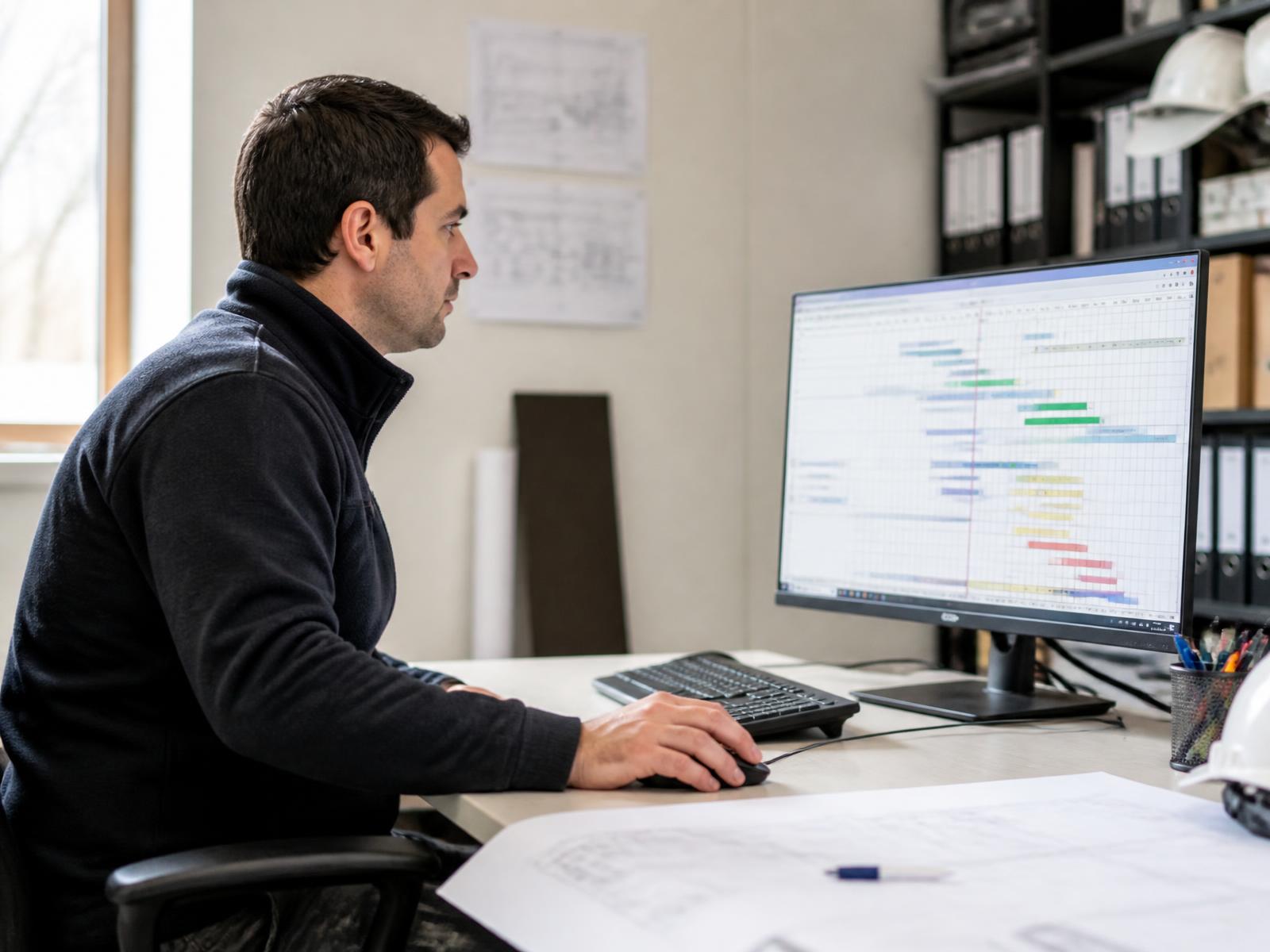 Werkvoorbereider bekijkt de planning achter zijn scherm